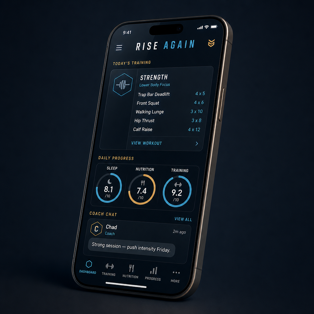 Rise Again Coaching training app interface