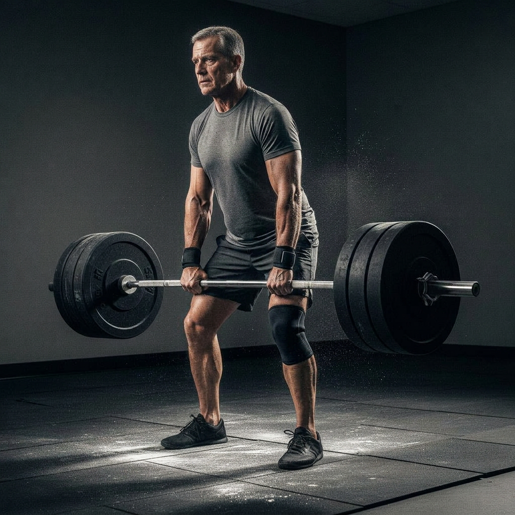 Fit middle-aged man performing a barbell deadlift in a private gym