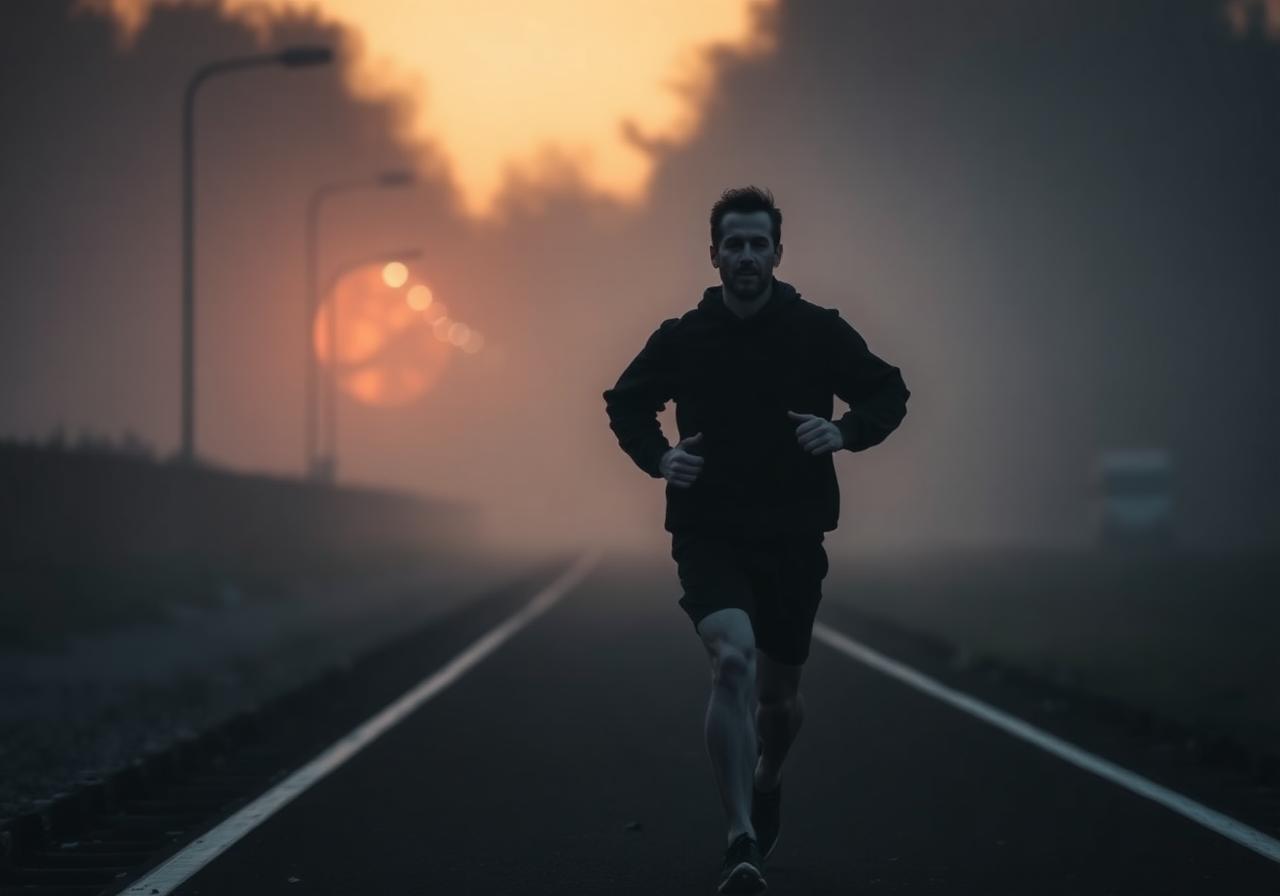 Man running on a dim foggy track at dawn