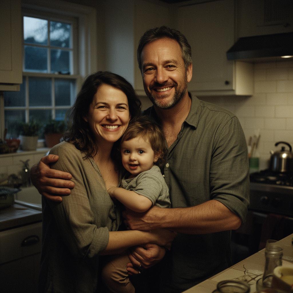 Man with his wife and young child in a warm kitchen at dusk