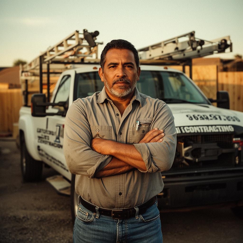 Business owner standing in front of his work truck
