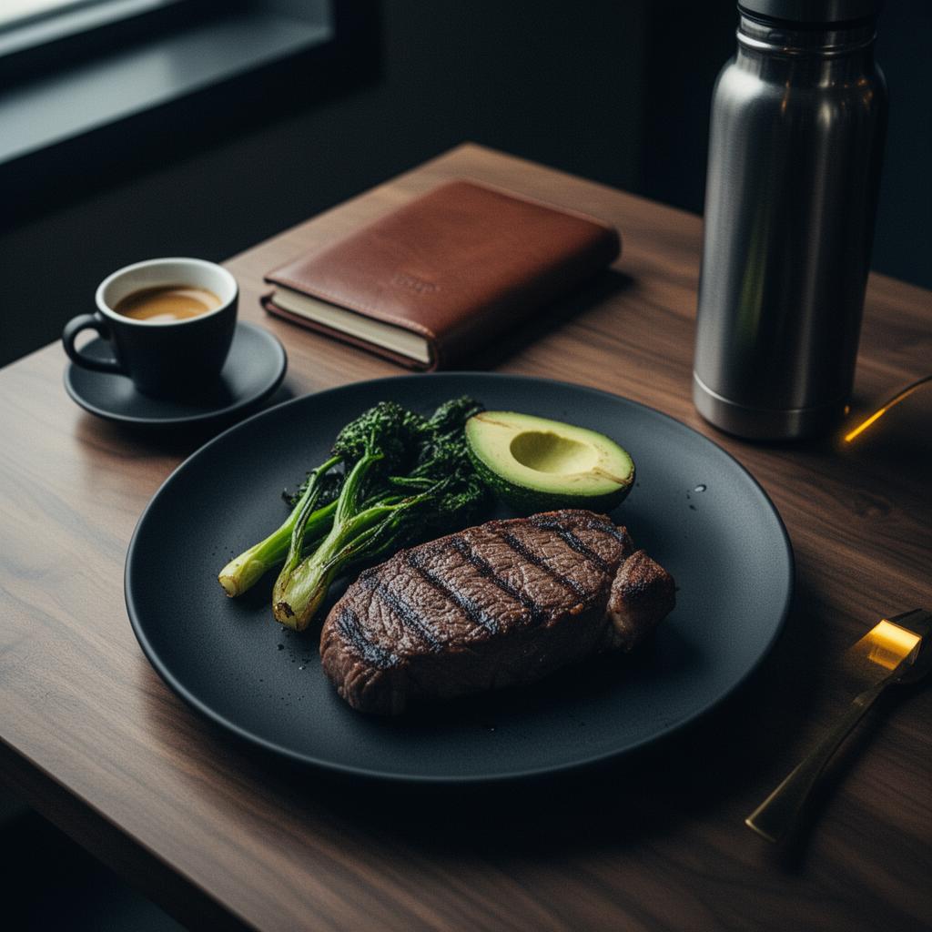 Grilled steak, greens and avocado plated on a walnut dining table