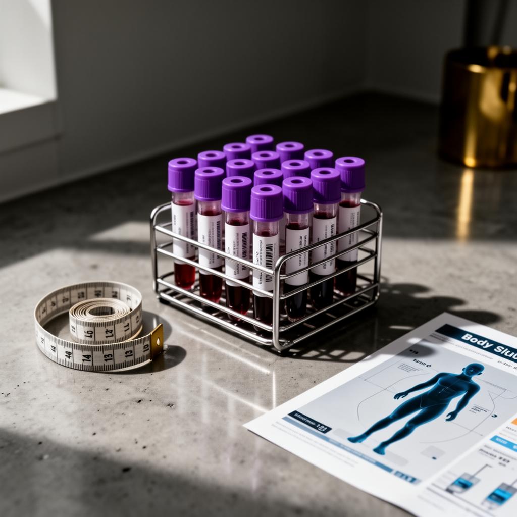 Blood sample vials, measuring tape and body composition printout on a concrete counter