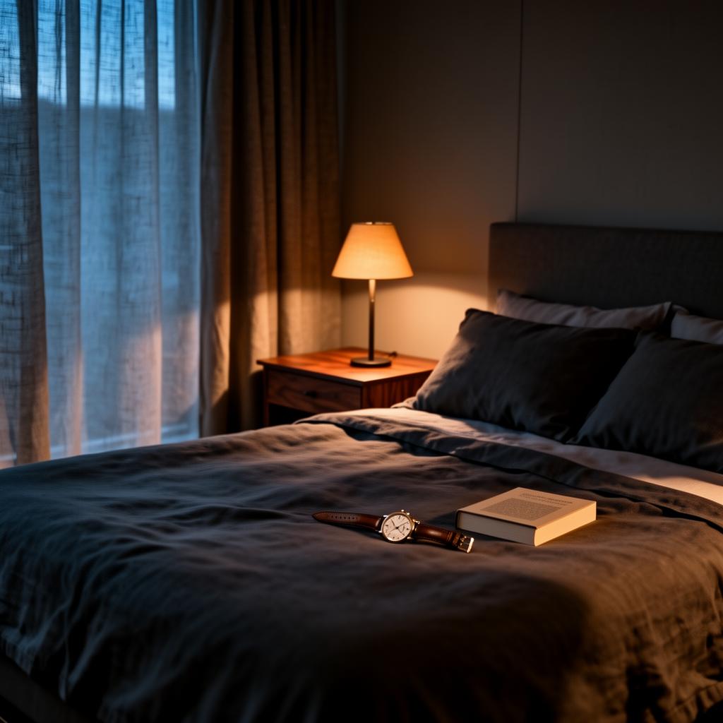 Calm dim bedroom at dawn with a watch and book on a walnut nightstand