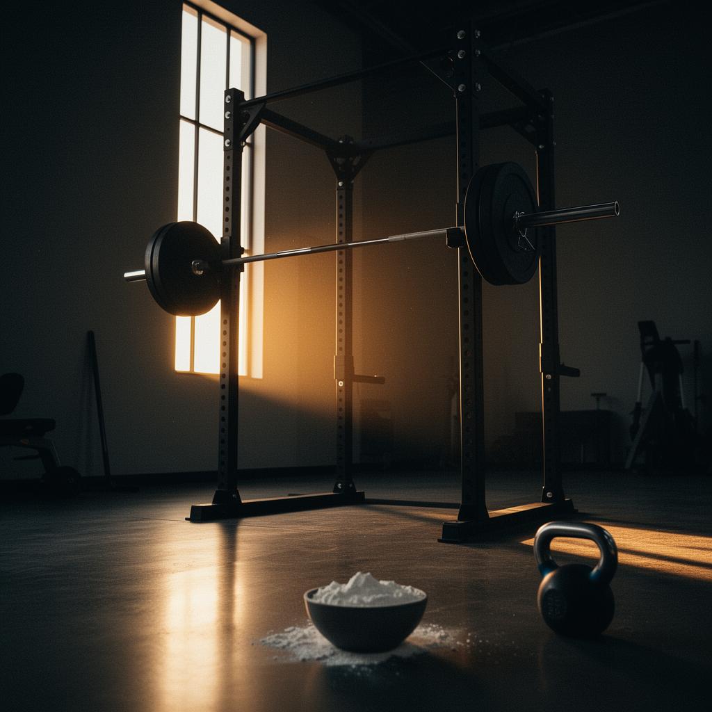 Loaded barbell on a matte black power rack in a private gym at dawn