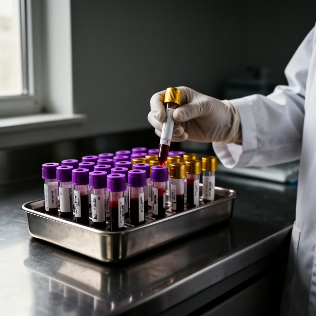 Lab technician labeling blood sample vials