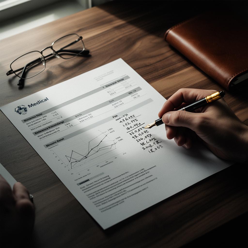 Annotated medical lab report on a walnut desk