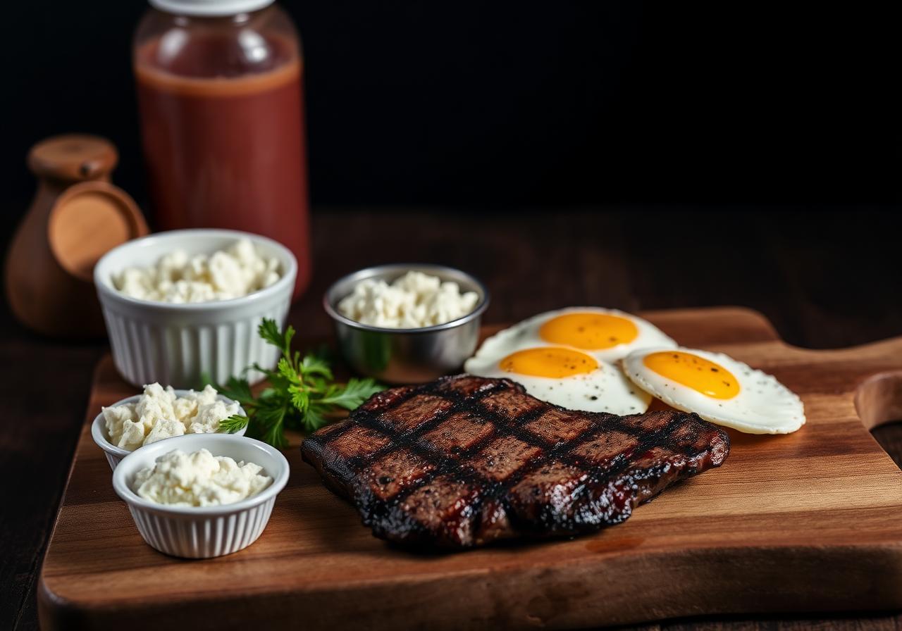Cutting board with steak, eggs, cottage cheese and a protein shake