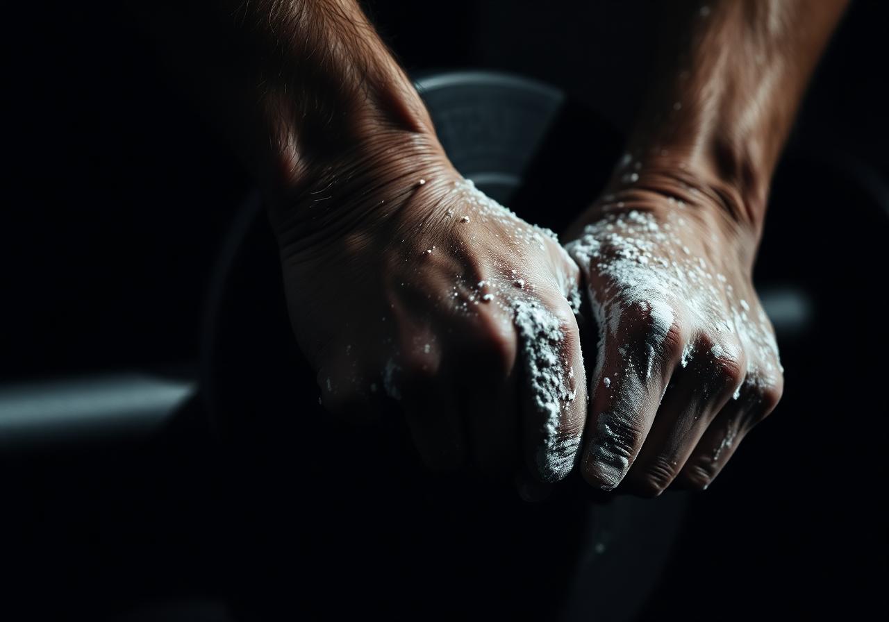 Chalked hands gripping a loaded barbell under dramatic side light