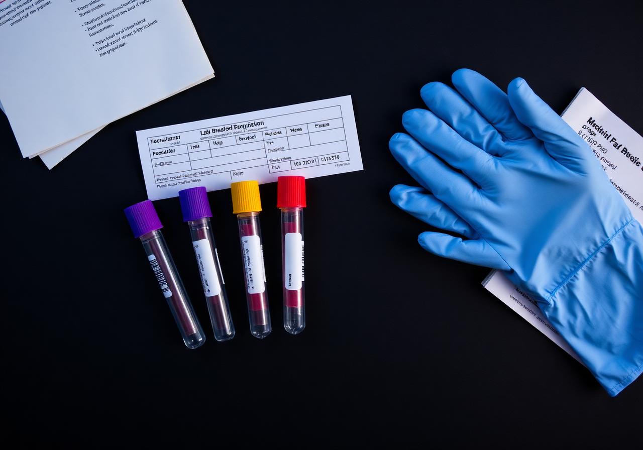 Gloved hand with vacutainer blood draw tubes on a lab requisition form