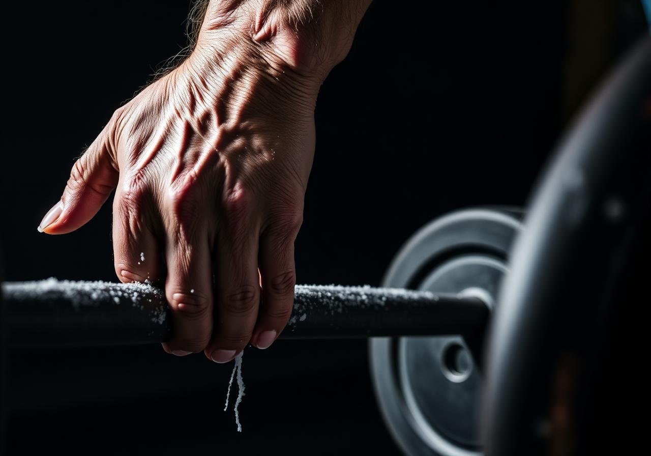 Weathered male hand gripping a chalked steel barbell