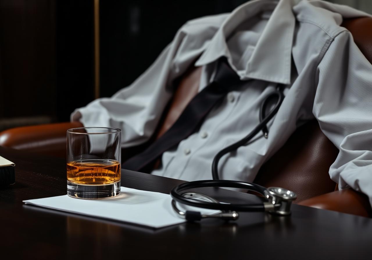 Executive shirt and tie draped over a leather chair with whiskey and stethoscope